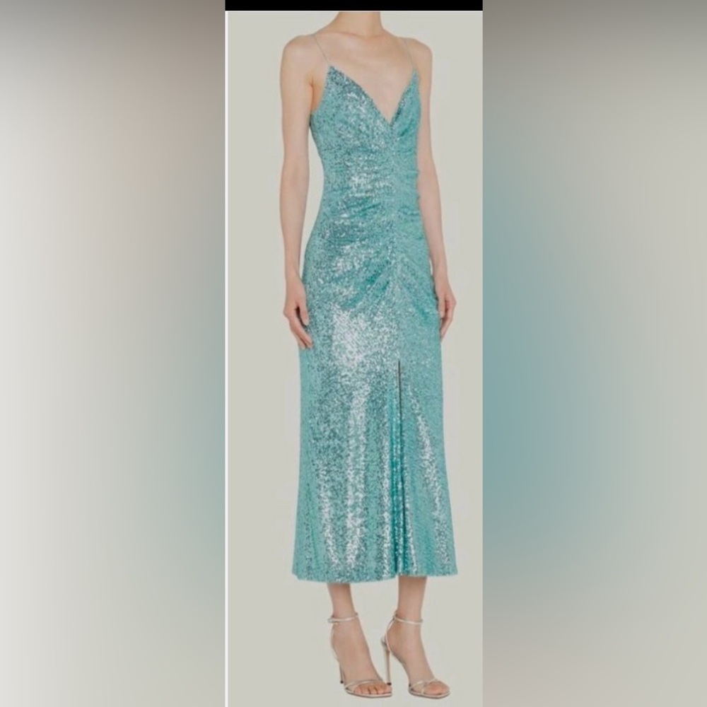Monique Lhuillier Stunning Aqua Blue Sequin Ruched Midi Cocktail Gown - Picture 3 of 10